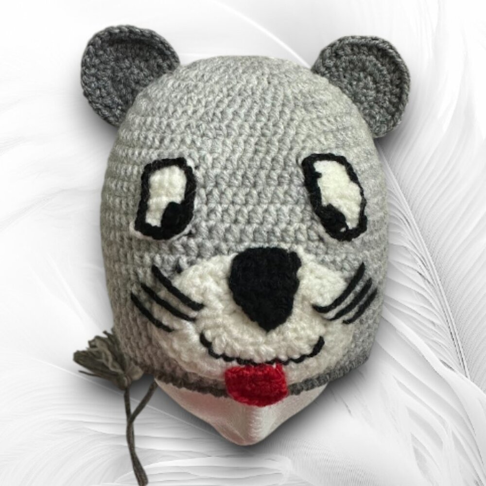 Handmade Crochet Gray Mouse Hat For Kids With Earflaps - Picture 2 of 5
